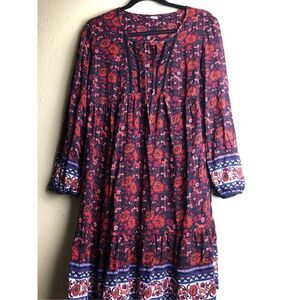 Old Navy Womens Multicolor Floral Print 3/4 Sleeve Tie Up Neck Boho Tunic Top SP